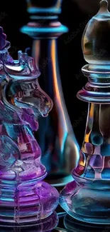 Colorful glowing glass chess pieces on a board.