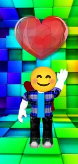 Colorful 3D emoji with heart over rainbow grid.