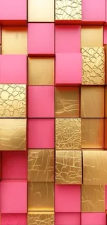 3D geometric blocks wallpaper with pink and gold texture.