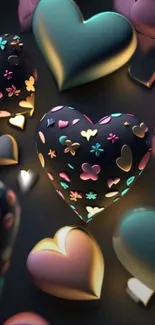 3D hearts with colorful floral patterns on black background.