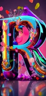 Vibrant 3D R letter with colorful abstract effects on a vivid background.