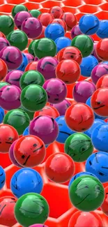 Colorful 3D spheres with vibrant patterns on a red background.