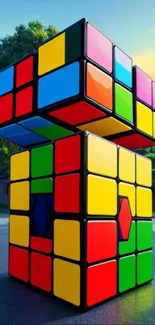 3D Rubik's Cube with vibrant colors in an outdoor setting.