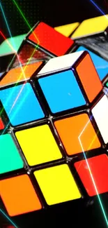 3D colorful Rubik's Cube on a dark background.