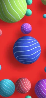 Colorful 3D spheres with red background.