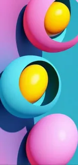 Colorful 3D spheres with pink, blue, and yellow hues on a mobile background.