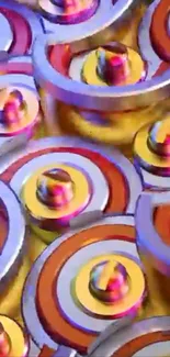 Colorful 3D spiral design with purple, orange, and yellow hues.