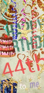 Festive 44th birthday wallpaper with cake and decorations.