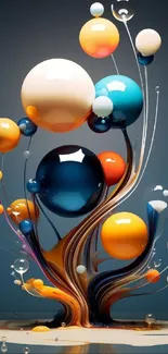 Colorful 3D abstract art with vibrant spheres and fluid shapes on navy blue background.