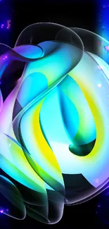 Colorful abstract 3D design with fluid shapes on a dark background.