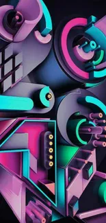 Colorful 3D geometric shapes with neon hues on a dark background.