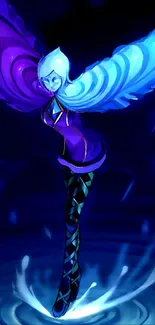 Mystical angelic figure with blue and purple wings on a fantasy background.