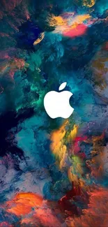 Colorful abstract wallpaper with Apple logo on a vibrant cloud background.