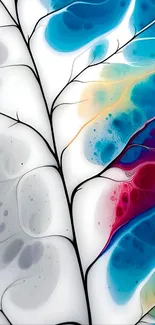 Fluid abstract art with colorful patterns and blue accents.