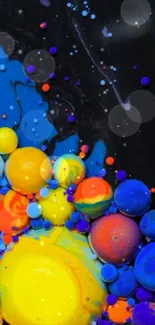 Vibrant abstract wallpaper with colorful bubbles and splatters on a black background.