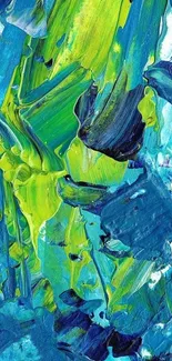 Vibrant abstract art wallpaper with blue and green brushstrokes.