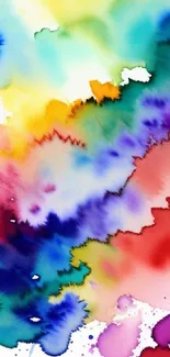 Vibrant abstract watercolor splashes in rainbow hues, perfect for mobile wallpaper.