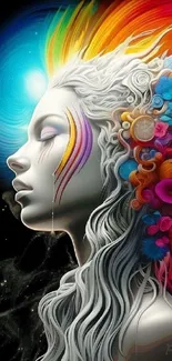 Vibrant abstract wallpaper with colorful cosmic elements and a woman's profile.