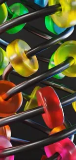 Colorful beads on black spiral rods in abstract art design.