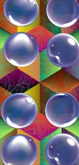 Colorful abstract wallpaper with 3D bubbles and geometric patterns.