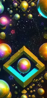 Colorful abstract wallpaper with golden bubbles and a starry background.