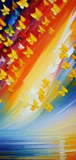 Yellow butterflies on vibrant abstract wallpaper with gradient colors.