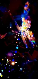 Colorful abstract butterfly with glowing bokeh lights on a dark background.
