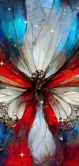 Vibrant abstract butterfly wallpaper with blue, red, and white hues.