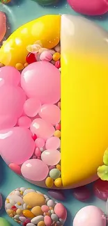 Colorful abstract candy design in vibrant yellow and pink hues.