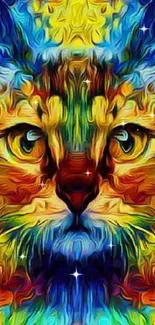 Colorful abstract cat art with vibrant yellow highlights.