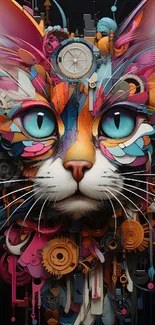 Abstract colorful cat with mechanical elements wallpaper.