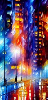 Colorful abstract cityscape wallpaper with vibrant blue and orange hues.