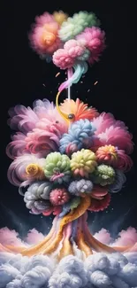 Mobile wallpaper with colorful abstract cloud design on a dark background.