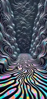 Vibrant abstract corridor with colorful wavy patterns.