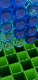 Abstract wallpaper with blue spheres and green cubes.