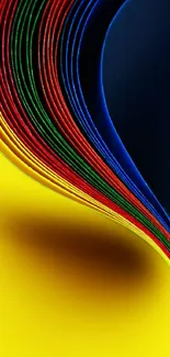 Colorful abstract wallpaper with curves in blue, red, green, and yellow.