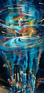 Colorful abstract dance art with swirling blue and red patterns.