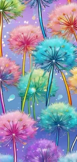 Colorful abstract dandelions on vibrant wallpaper.