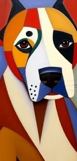 Vibrant abstract dog wallpaper in cubist style with geometric shapes.