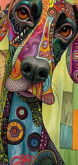Vibrant multicolored abstract dog artwork on a textured background.