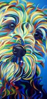 Colorful abstract painting of a dog with swirls in vibrant hues.