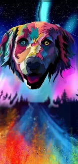 Vibrant abstract dog artwork with neon colors and night sky backdrop.