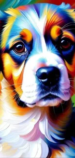 Abstract colorful dog painting with vibrant orange and bold brushstrokes.