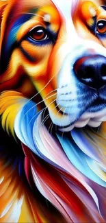 Colorful abstract dog portrait with vibrant rainbow hues.