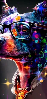 Vivid abstract dog artwork with colorful splashes and glasses on dark background.