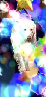 A white dog amidst colorful abstract shapes and lights.