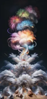 Vibrant abstract explosion artwork with colorful clouds on a dark background.