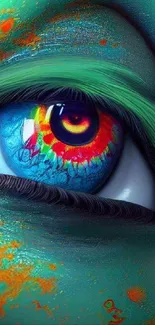 Vibrant abstract eye art with green, blue, and orange tones.