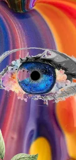 Colorful abstract eye art with floral details and vibrant hues.