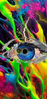 Vibrant abstract eye design with colorful splashes.